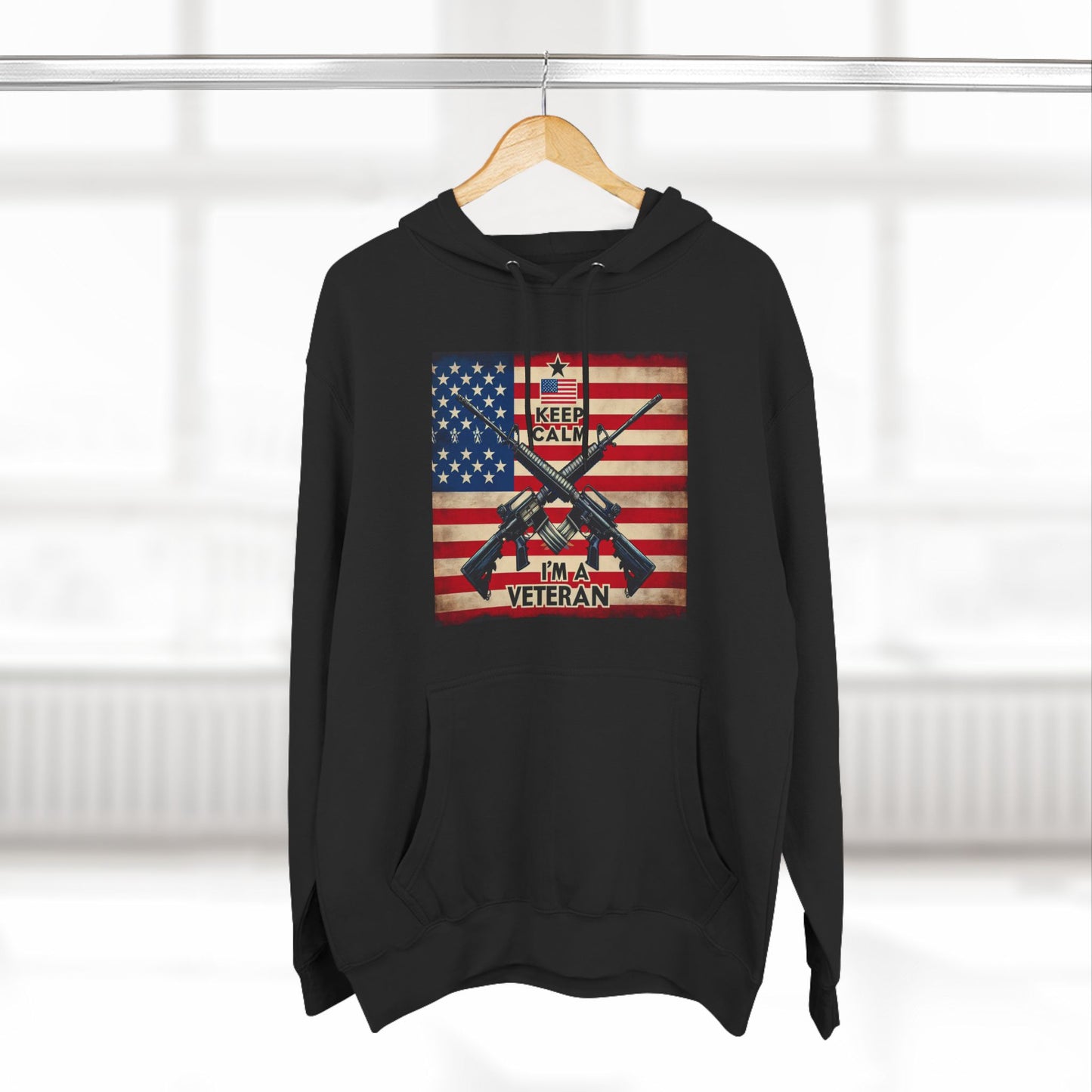 Veteran Three-Panel Fleece Hoodie with American Flag Service Rifles Design